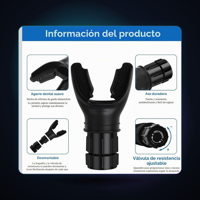 Información del producto: agarre dental, asa, piezas desmontables y válvula de resistencia