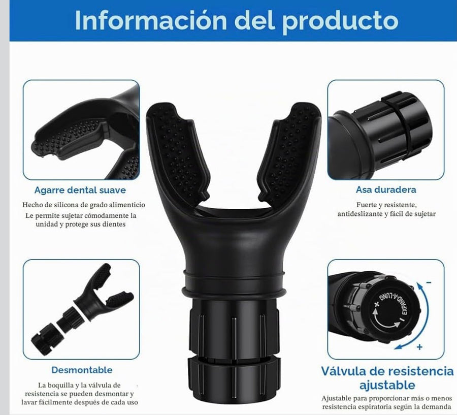 Información del producto: agarre dental suave, asa duradera, piezas desmontables y válvula de resistencia ajustable